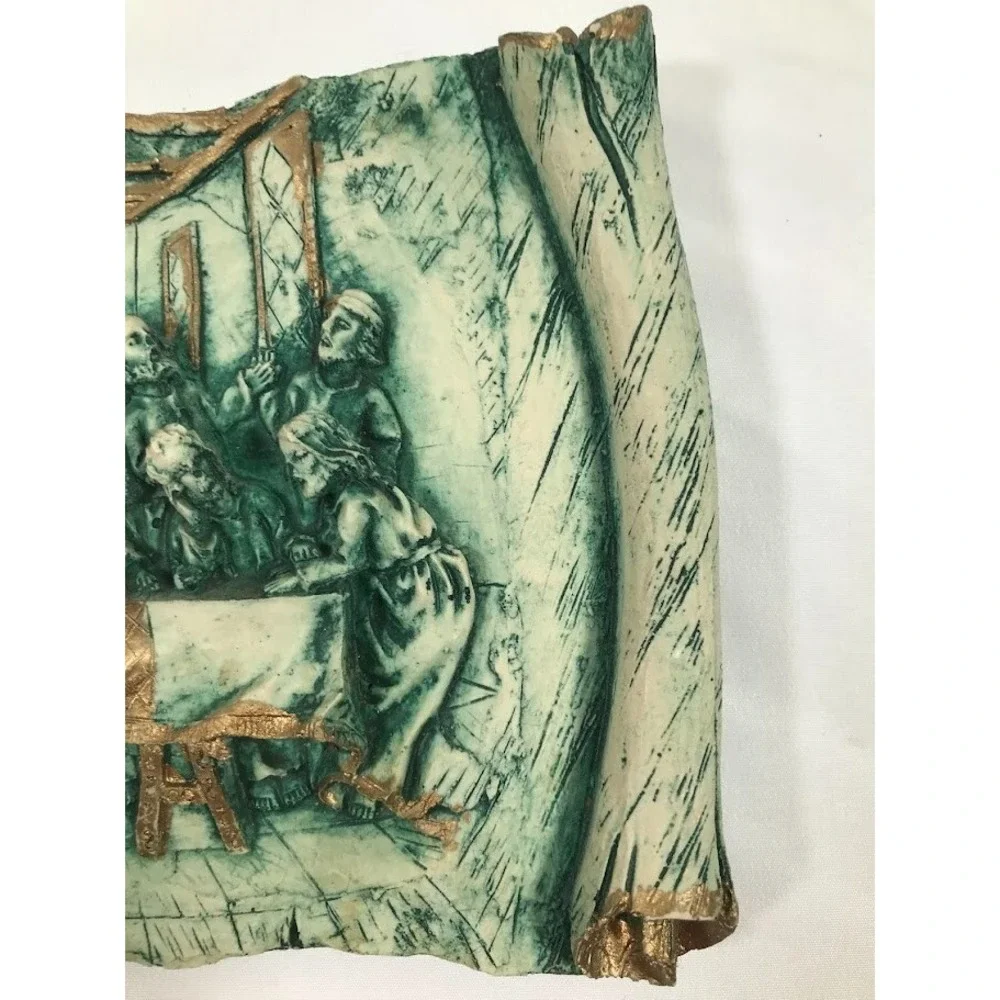 Vintage Last Supper 3D Relief Wall Plaque Scroll Design Teal Gold Religious Art